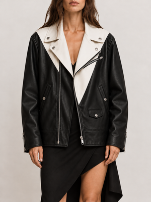 Just Cavalli black and white genuine leather biker jacket, relaxed hip-length fit, front view