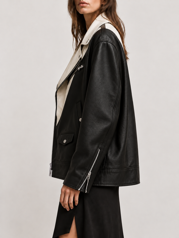 Just Cavalli black and white genuine leather biker jacket, relaxed hip-length fit, side view