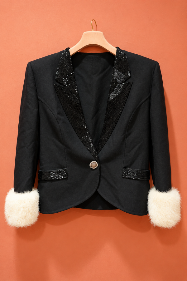 Mila Schön vintage jacket, front hanger view, lightly retouched