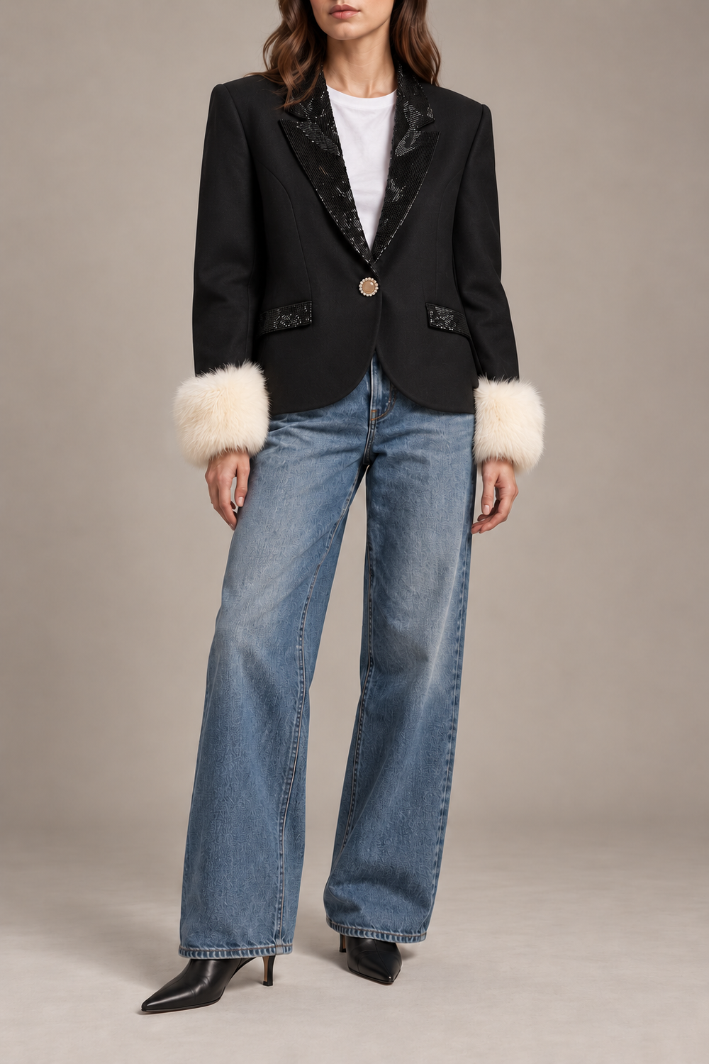 Mila Schön vintage jacket with relaxed fit, styled with jeans and pointed boots; digitally styled