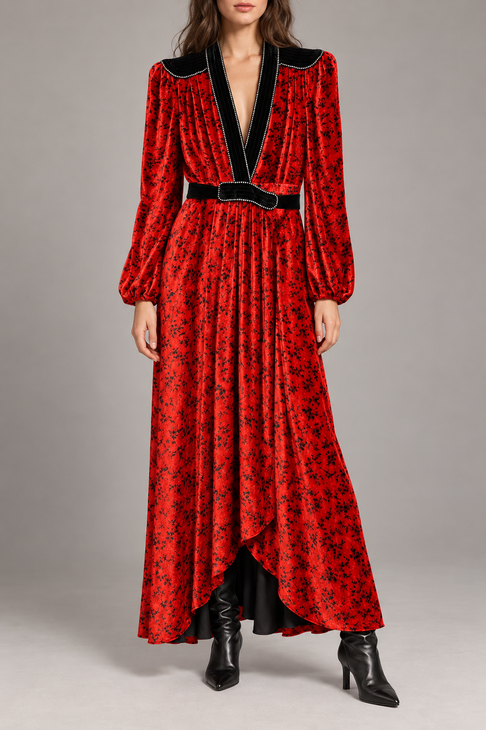 Philosophy red floral dress styled with boots