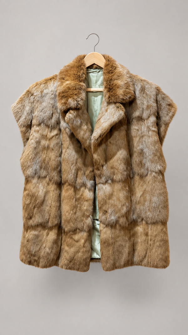 Rabbit fur vest on hanger, front view