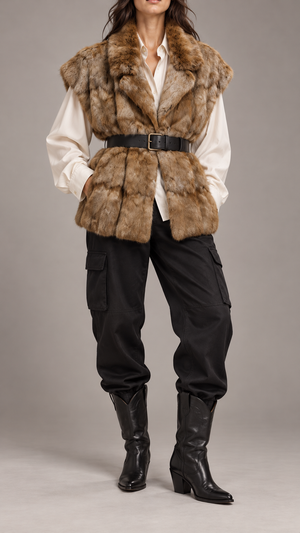 Rabbit fur vest styled with shirt, belt, black cargo trousers and cowboy boots