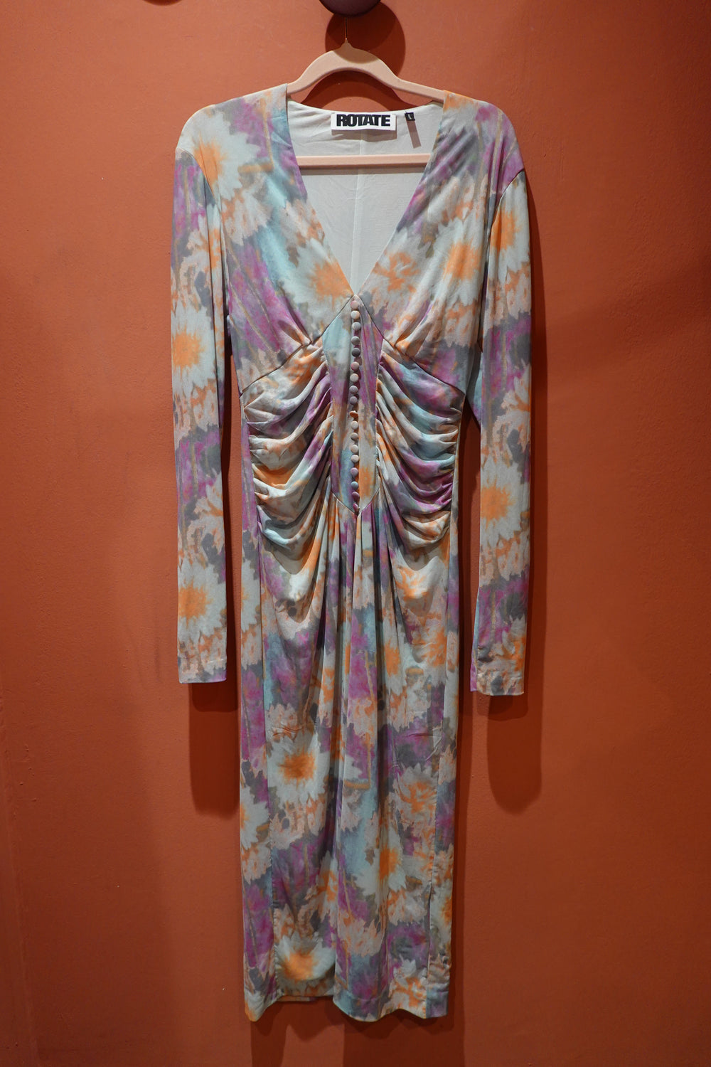ROTATE pastel printed ruched dress styled with white stilettos; digitally styled