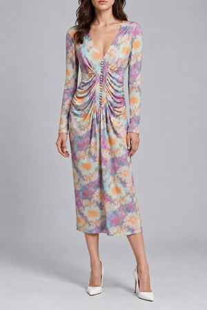 ROTATE pastel printed ruched dress styled with white stilettos; digitally styled